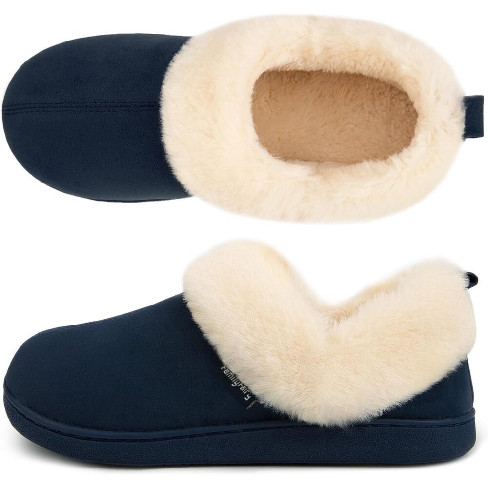 Women's Navy Blue Warm Winter Velvet Fuzzy Collar House Slippers Bootie Shoes